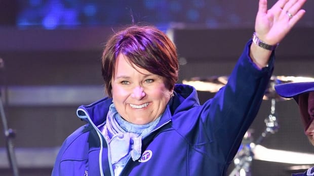 Titans owner Amy Adams Strunk speaks during the Titans uniform reveal event held at Broadway and 1st Avenue.